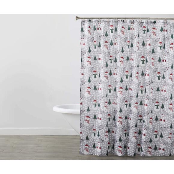 NEW Holiday Woodlands Christmas - Snowman - Shower Curtain and Hooks - Picture 1 of 5
